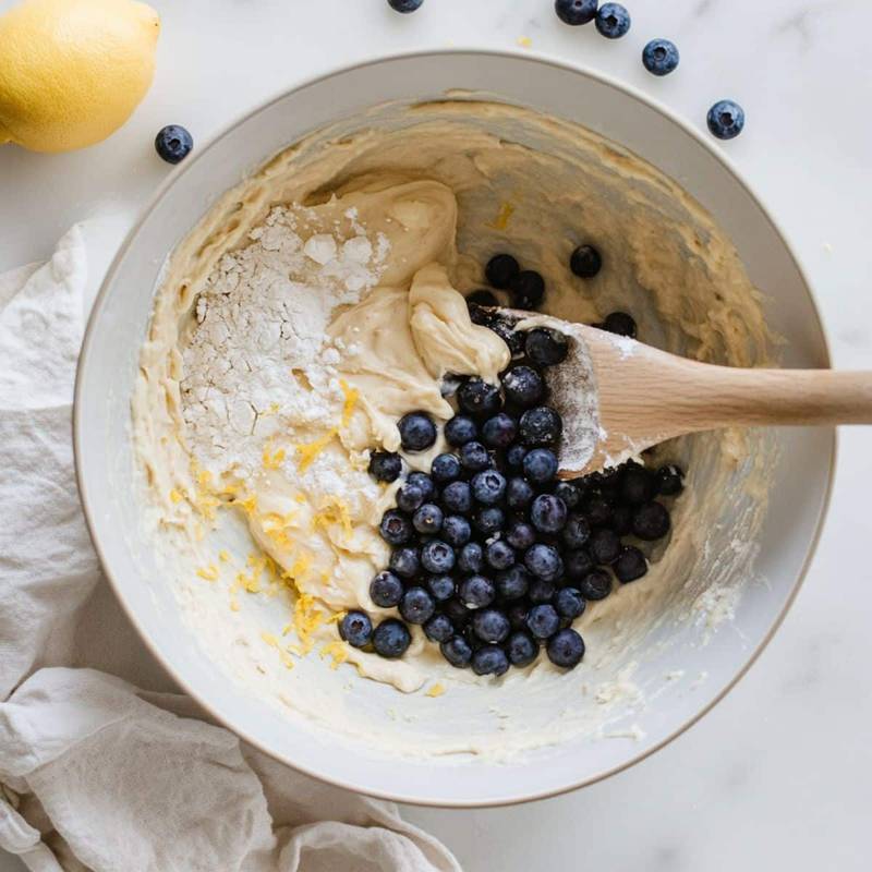 Preparing pancake batter with blueberries and lemon zest on a white kitchen counter.	