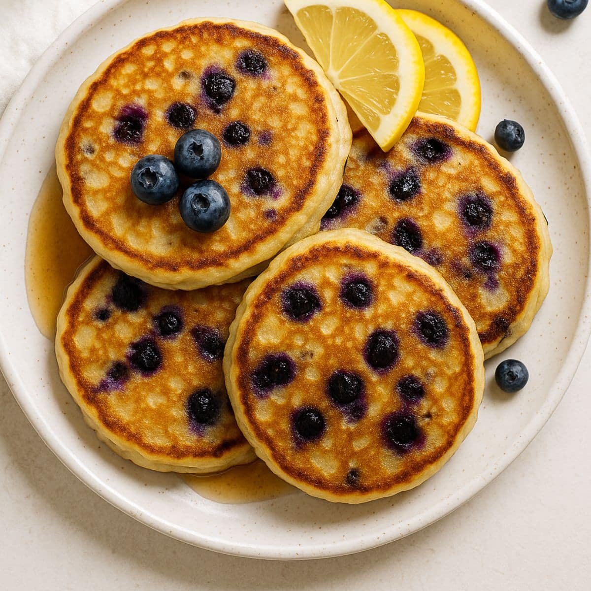 Serving a stack of lemon blueberry pancakes with blueberries and lemon wedges on a plate.	