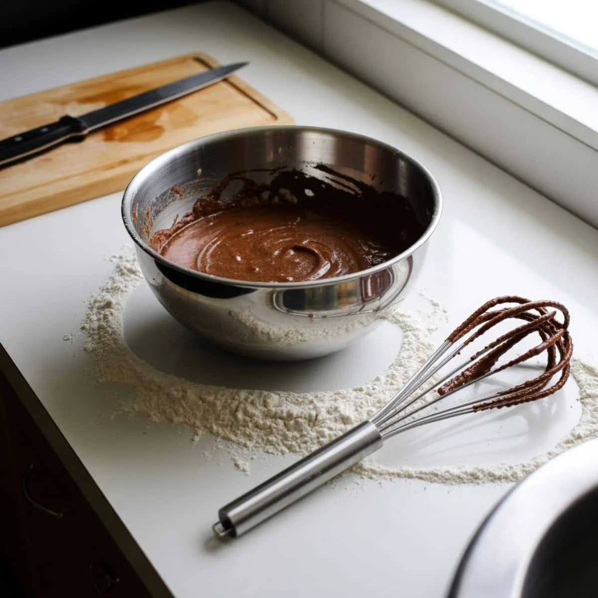 Mixing the brownie batter for Lunch Lady Brownies on a white kitchen counter.	
