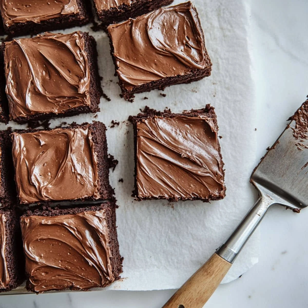 Spreading chocolate frosting on Lunch Lady Brownies on a white kitchen counter.	