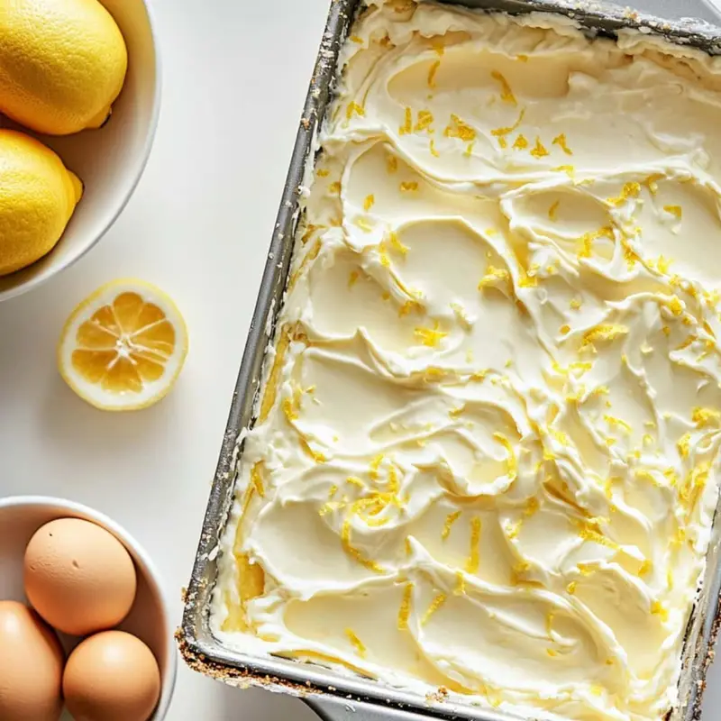 Pouring lemon filling over crust in baking pan on white surface	