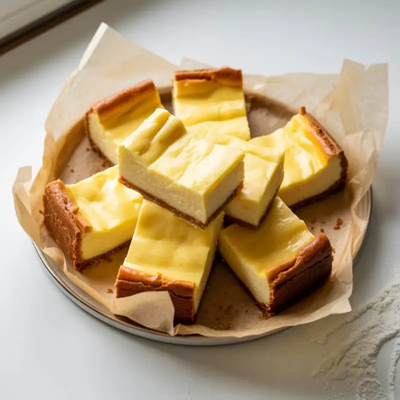 Freshly baked lemon cheesecake bars cooling in pan on white counter	