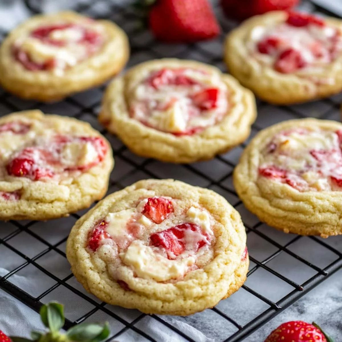 Decorating cooled strawberry cheesecake cookies with white chocolate drizzle and strawberry powder.