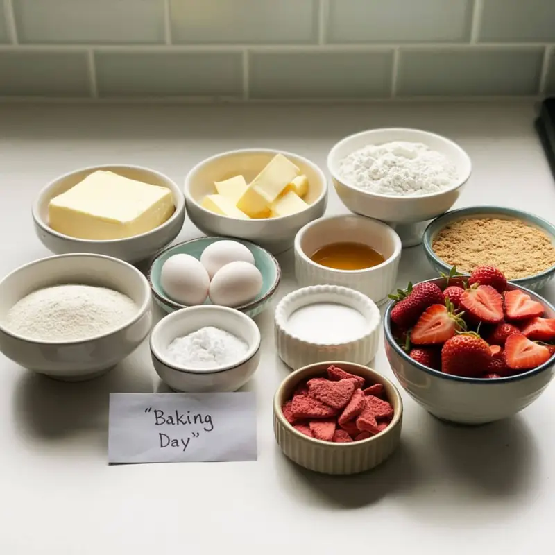 Ingredients for strawberry cheesecake cookies laid out on a white kitchen counter