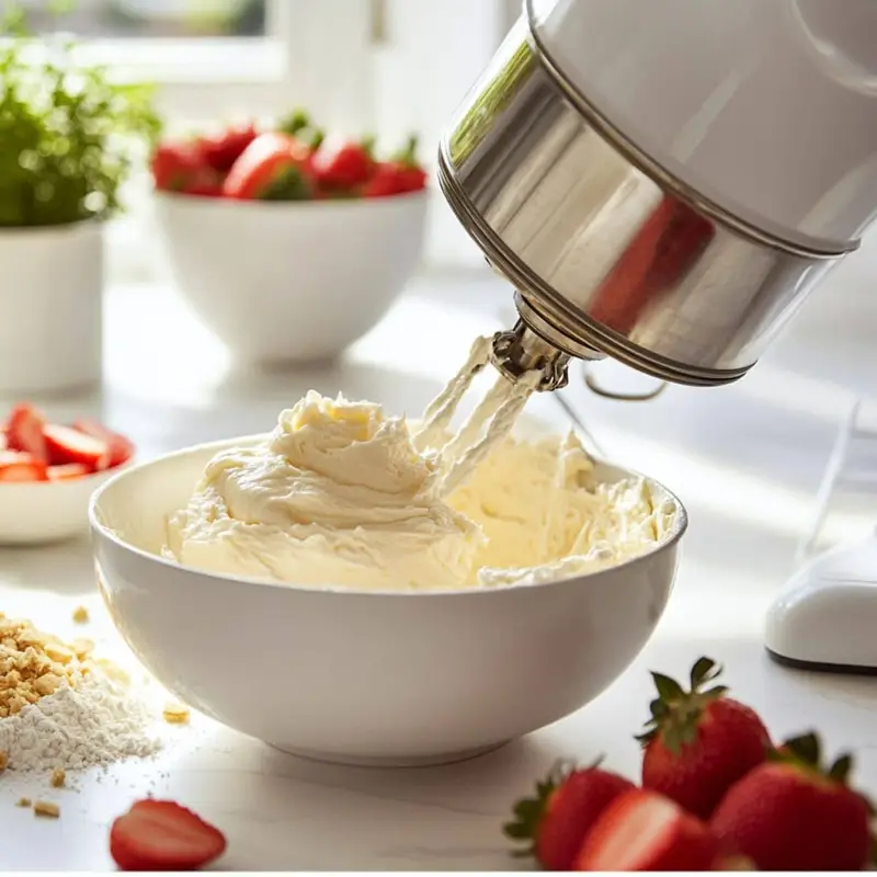 Mixing dough for strawberry cheesecake cookies in a stand mixer on a white kitchen counter.