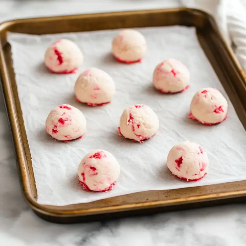 Shaped strawberry cheesecake cookie dough balls on a parchment-lined baking sheet.