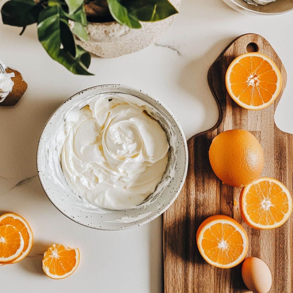 Whipping and folding egg whites for homemade orange chiffon cake on a white kitchen counter.	