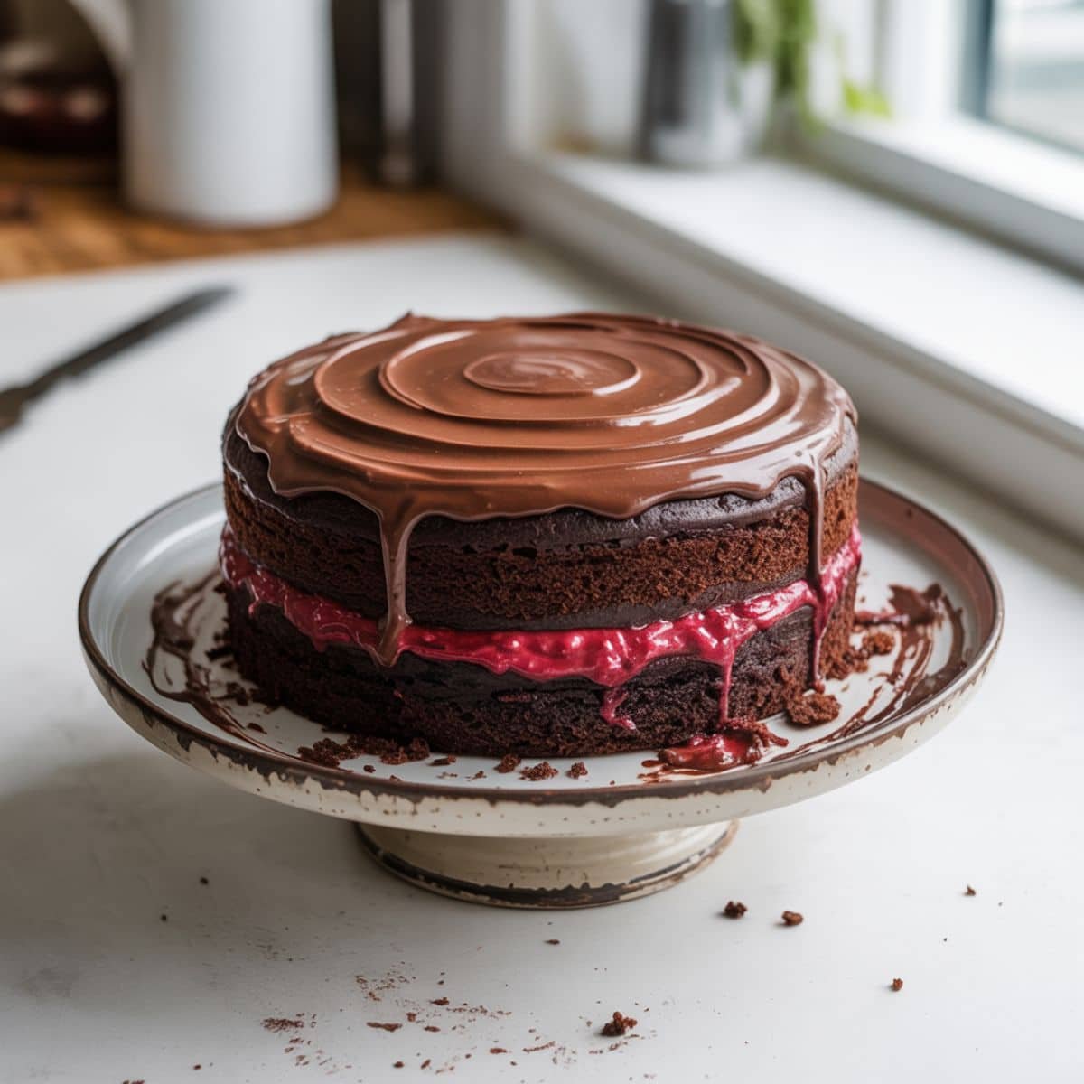 Layering raspberry filling between two chocolate cake layers with ganache	