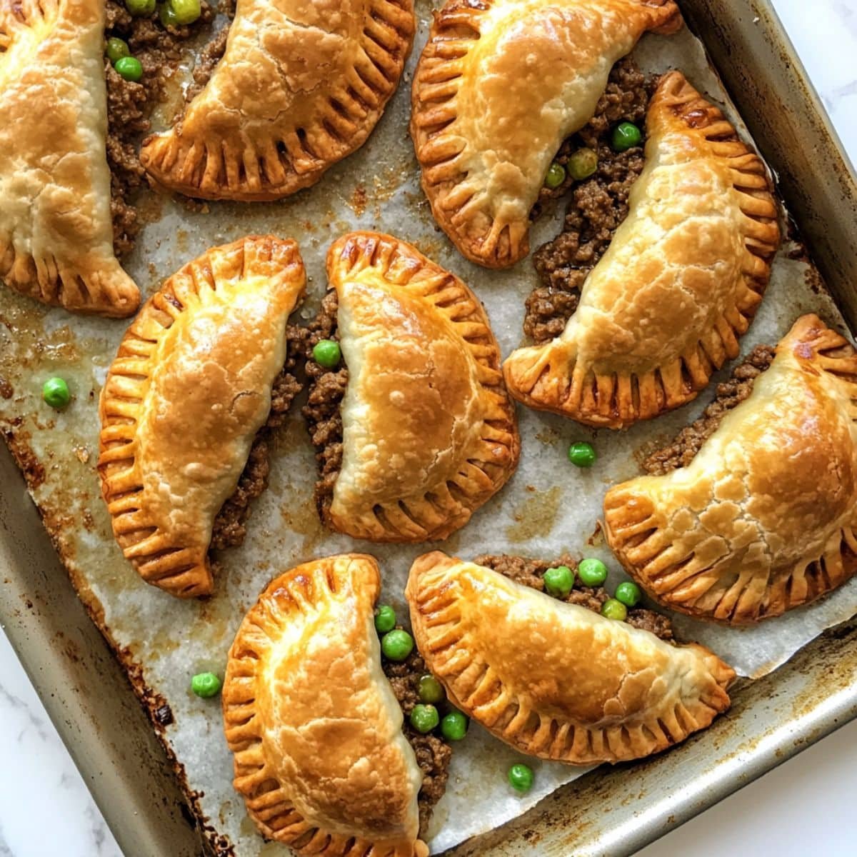 Finished empanadas with flaky crusts and visible beef and pea filling, folded in rustic crimped style.