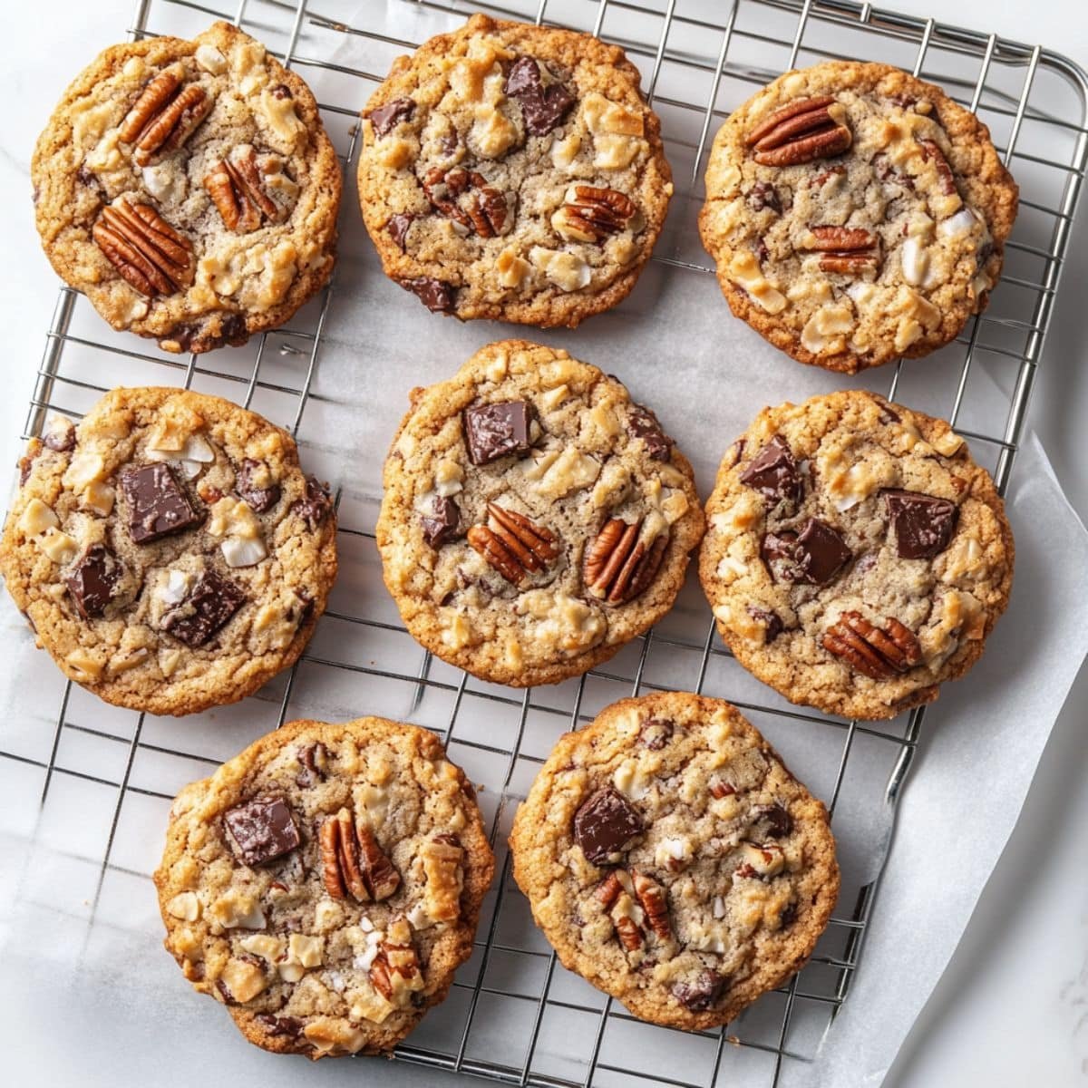 Freshly baked Cowboy Cookie Crumbl cooling on a wire rack	