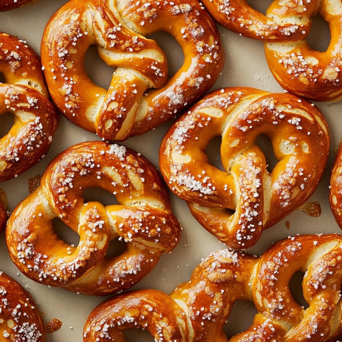 Baked golden brown homemade soft pretzels with coarse salt on parchment paper. Overhead view showing shiny crust and twisted shape.