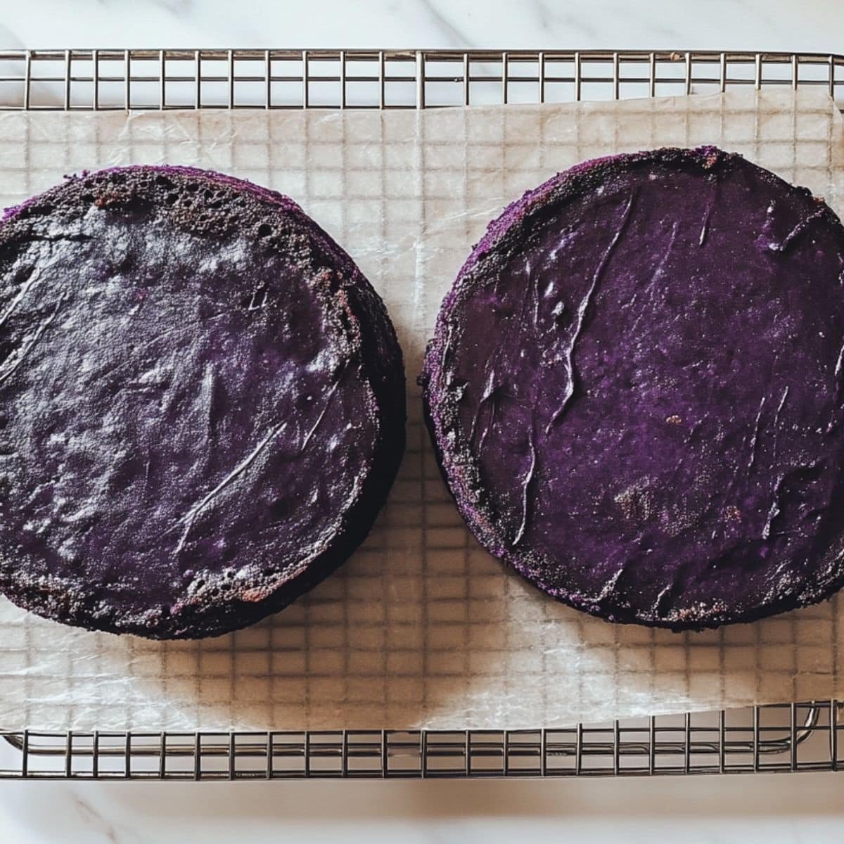Baked ube cake layers cooling on wire racks. Even purple crumb and parchment edges on marble counter.