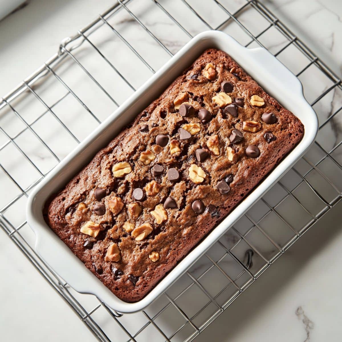 Freshly baked banana bread in a light-colored loaf pan on a cooling rack	