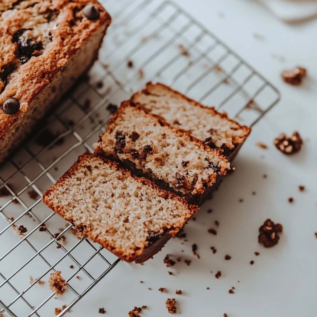 Sliced banana bread cooling on wire rack with crumbs on counter	