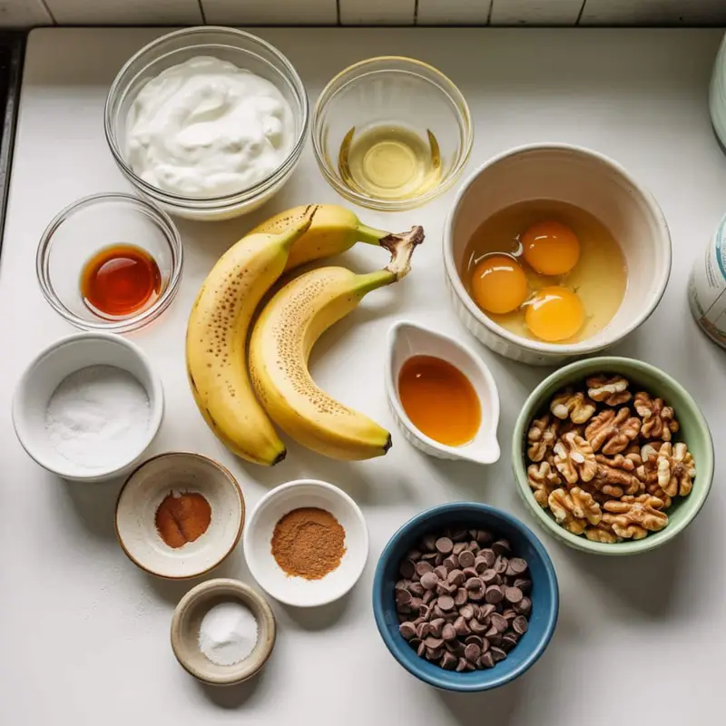 Flat lay of banana bread ingredients: bananas, Greek yogurt, eggs, honey, flour, spices, walnuts, chocolate chips	