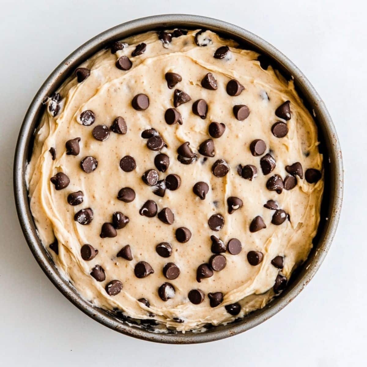 Banana chocolate chip batter in a pan, ready to go into the oven	