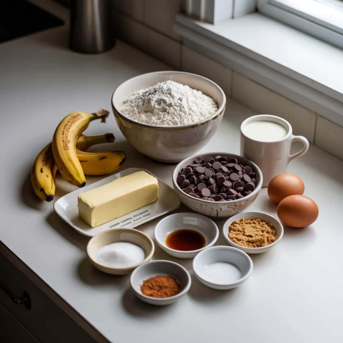 All ingredients for banana chocolate chip cake measured on a white counter	