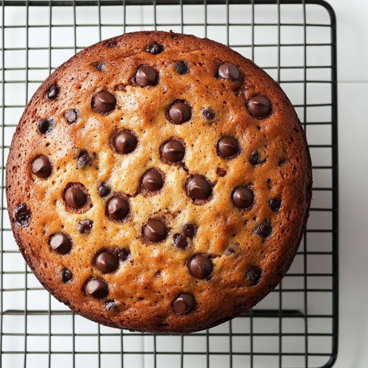 banana chocolate chip cake cooling on a rack on white counter