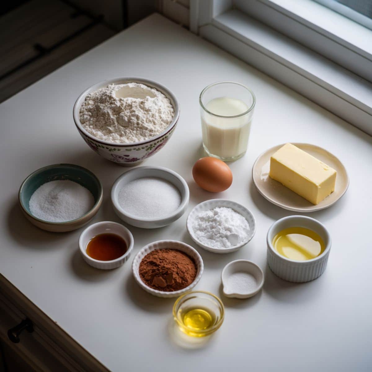 Measured ingredients for black and white cookies on a white counter	