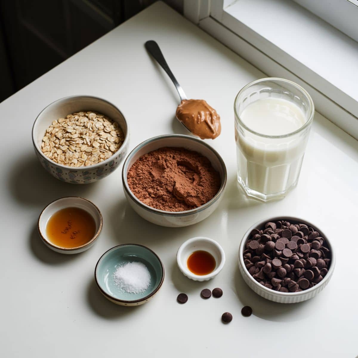 Ingredients for healthy brownie in a mug laid out on a white counter	