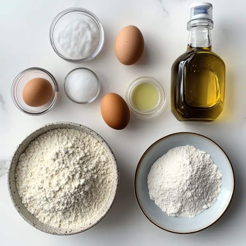 Overhead view of all ingredients used for chiffon cake, laid out casually on a kitchen counter.