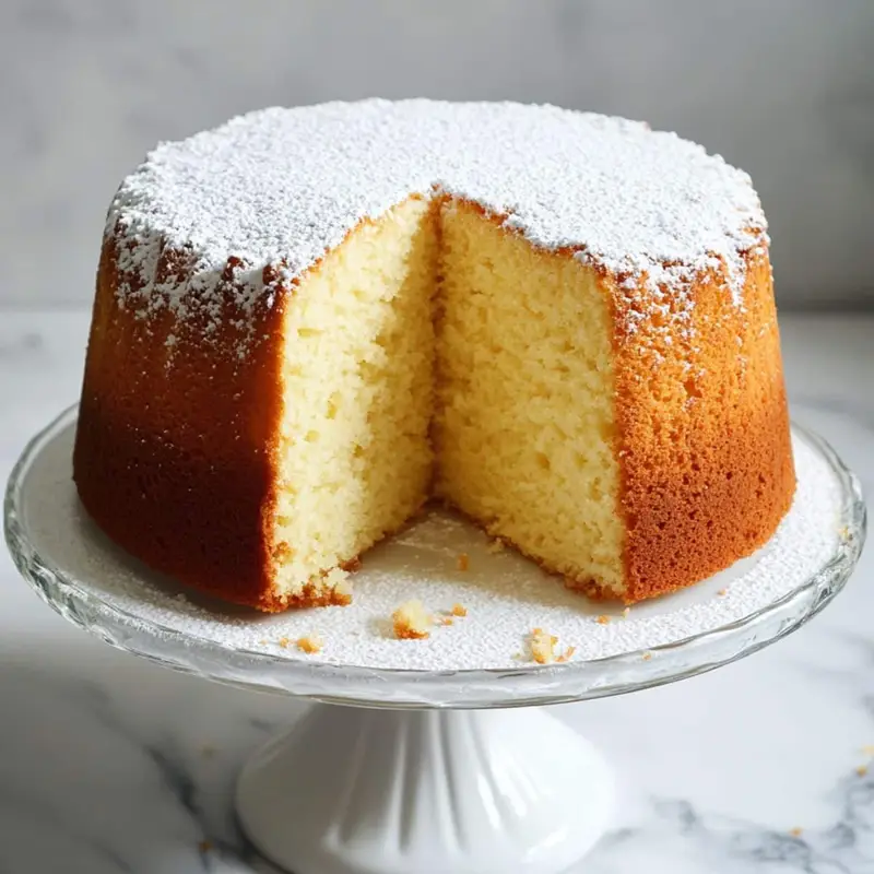 Tall, homemade chiffon cake with soft sponge texture and golden edges. A clean slice reveals its airy crumb and powdered top.