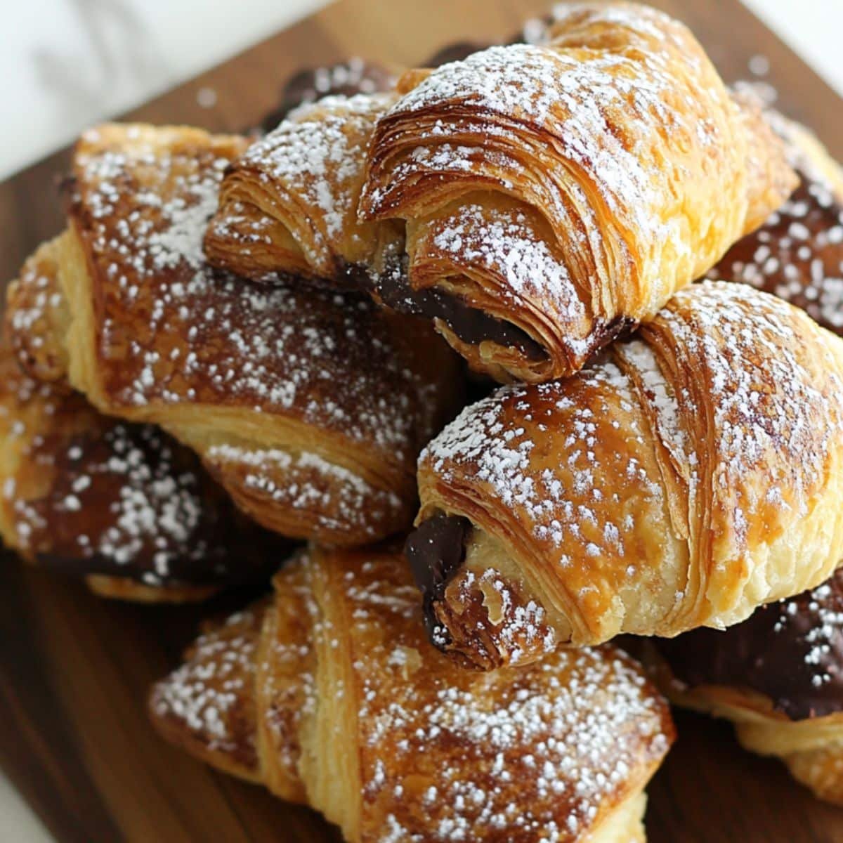 Stack of flaky chocolate croissants with melted centers and powdered sugar	