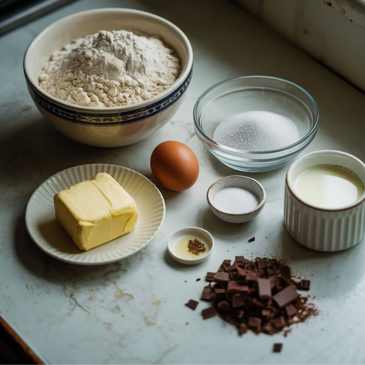 Basic ingredients for chocolate croissants on a white kitchen counter	