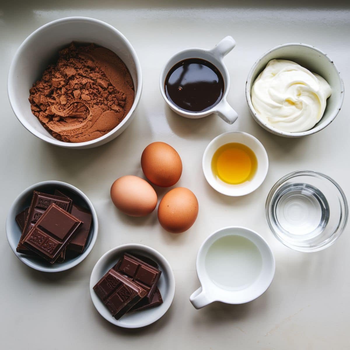 All ingredients laid out for chocolate poke cake including cake mix, condensed milk, chocolate syrup, Cool Whip	