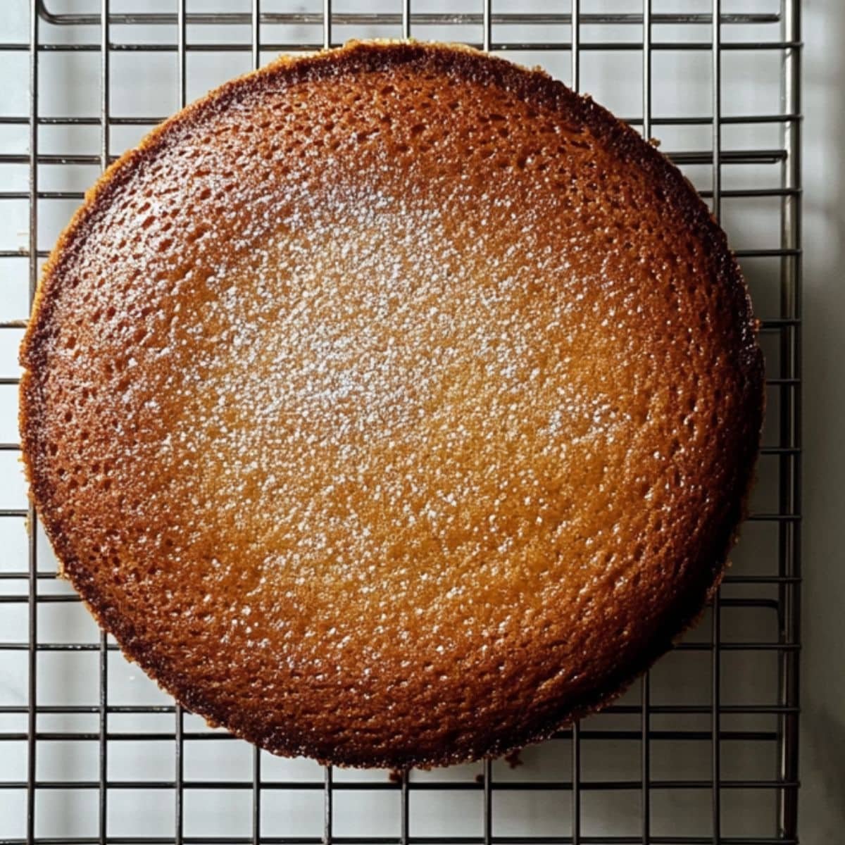 Baked Earl Grey cake layers cooling on a rack. Overhead photo on a white counter, slightly imperfect finish.