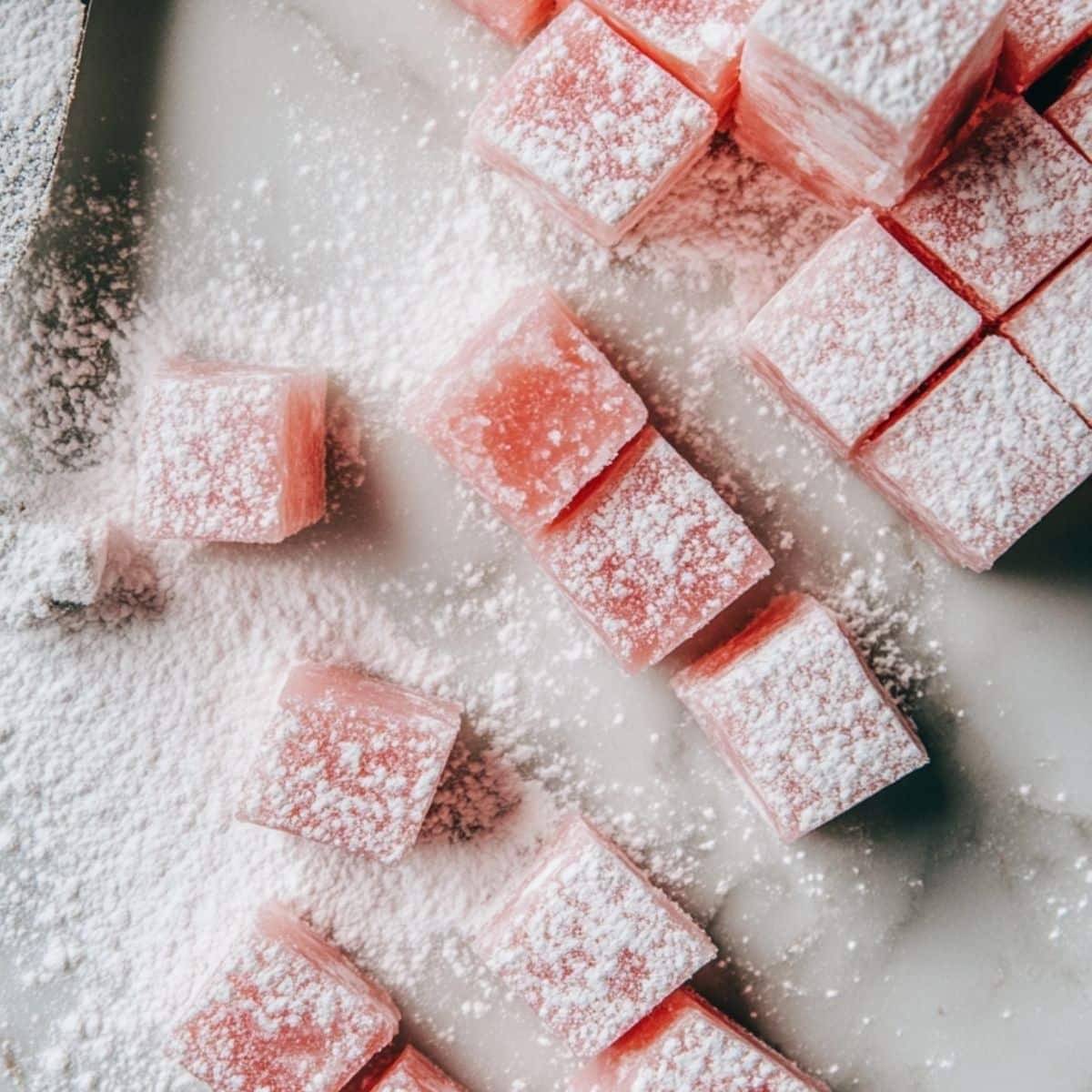 Cutting Turkish delight into cubes on powdered counter	