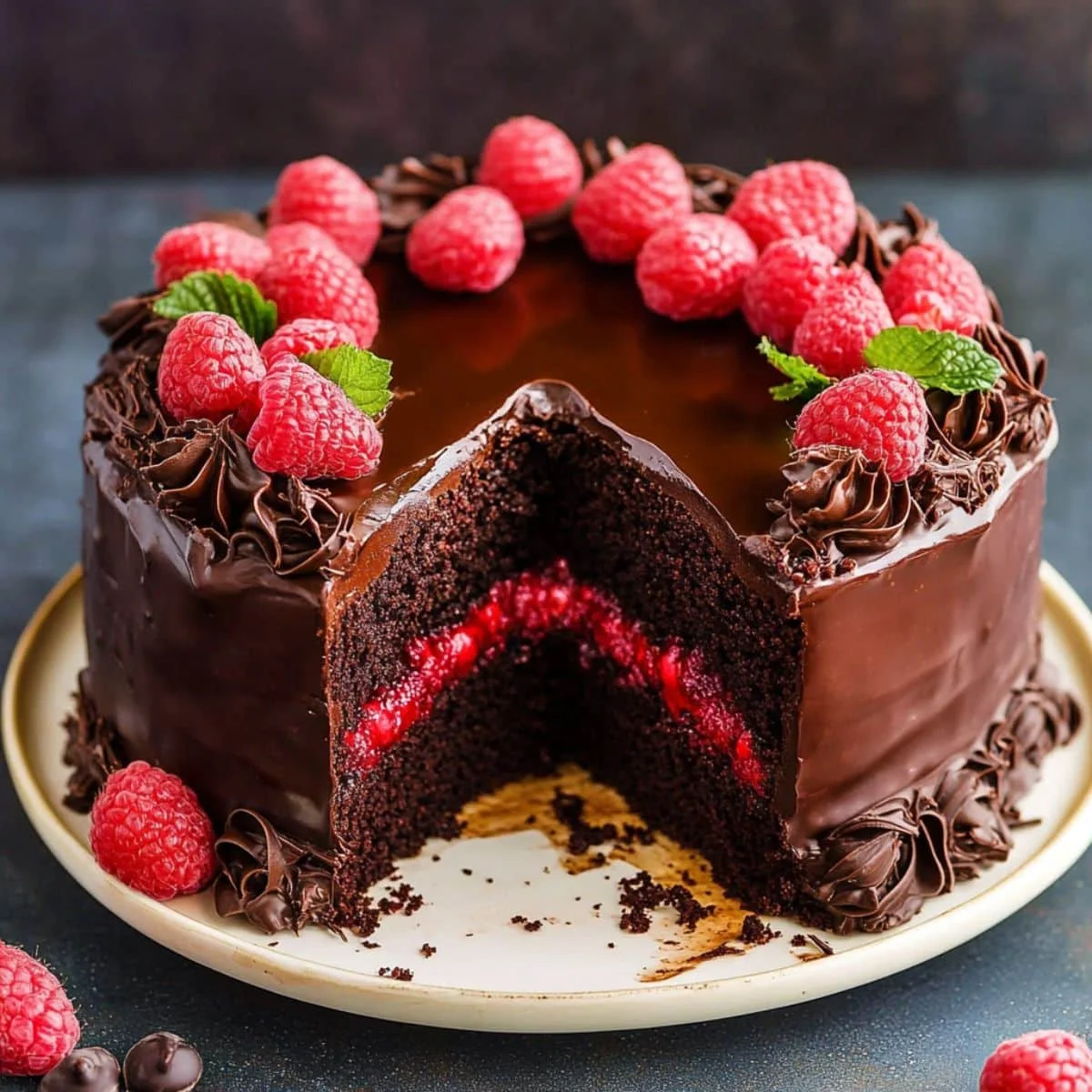 Homemade dark chocolate raspberry cake sliced open with fresh raspberries on top	
