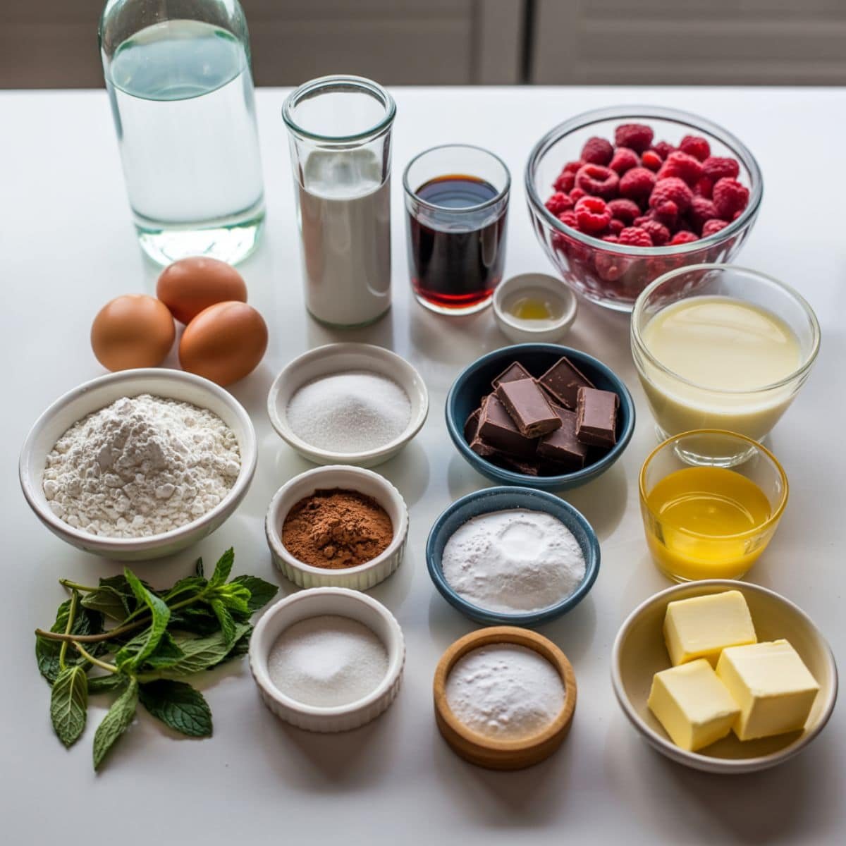 Top-down view of all ingredients for dark chocolate raspberry cake on a white counter	