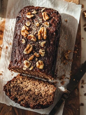 Moist homemade date cake loaf with walnuts on top, sliced on parchment paper