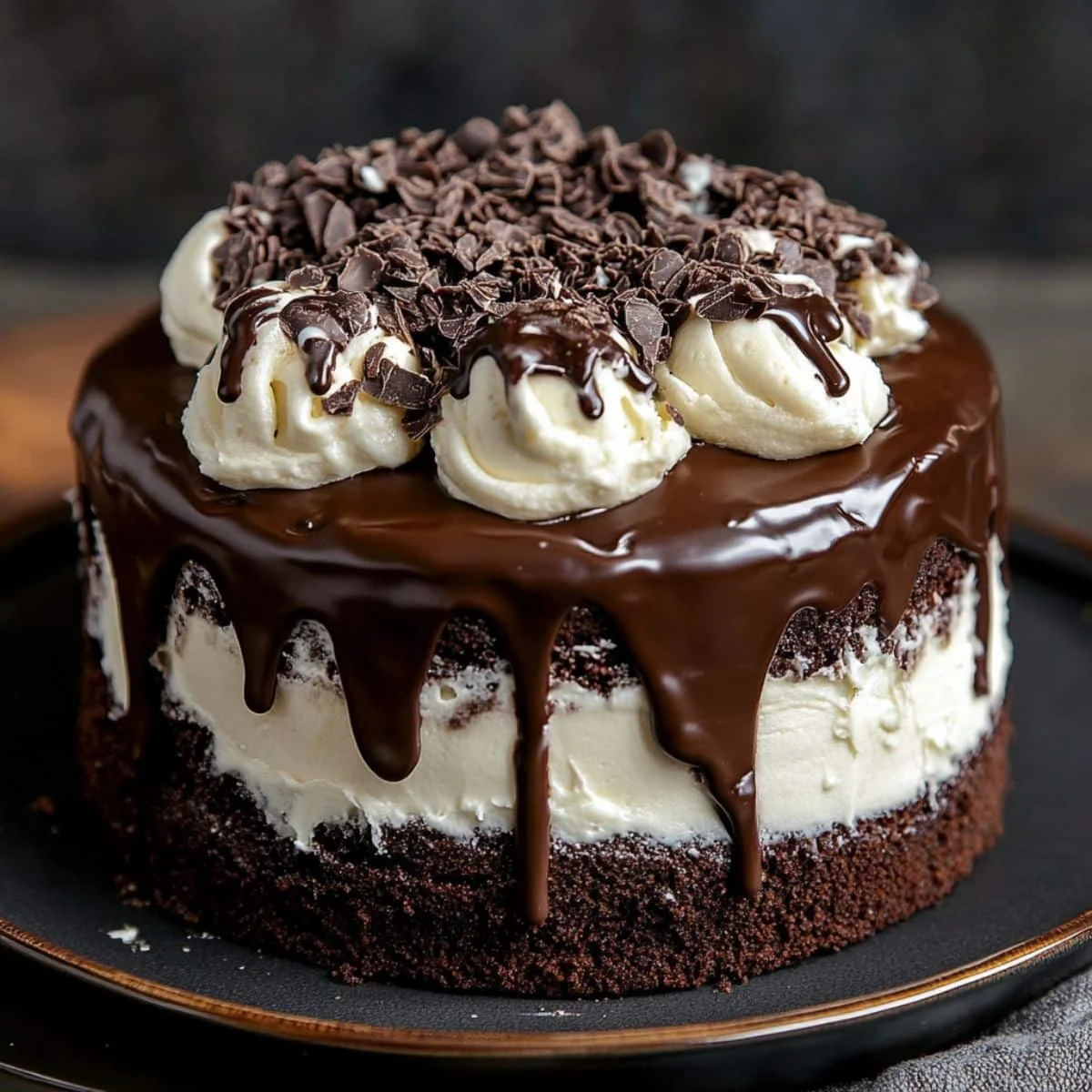A slice of chocolate cannoli cake with creamy filling and ganache on a black plate.	