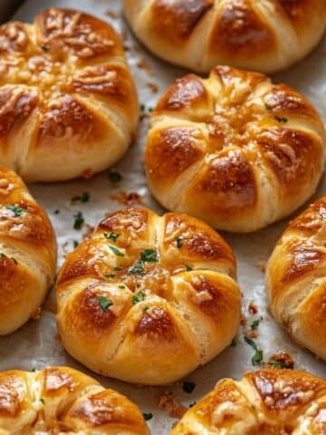 Close-up of golden brown cream cheese garlic bread buns