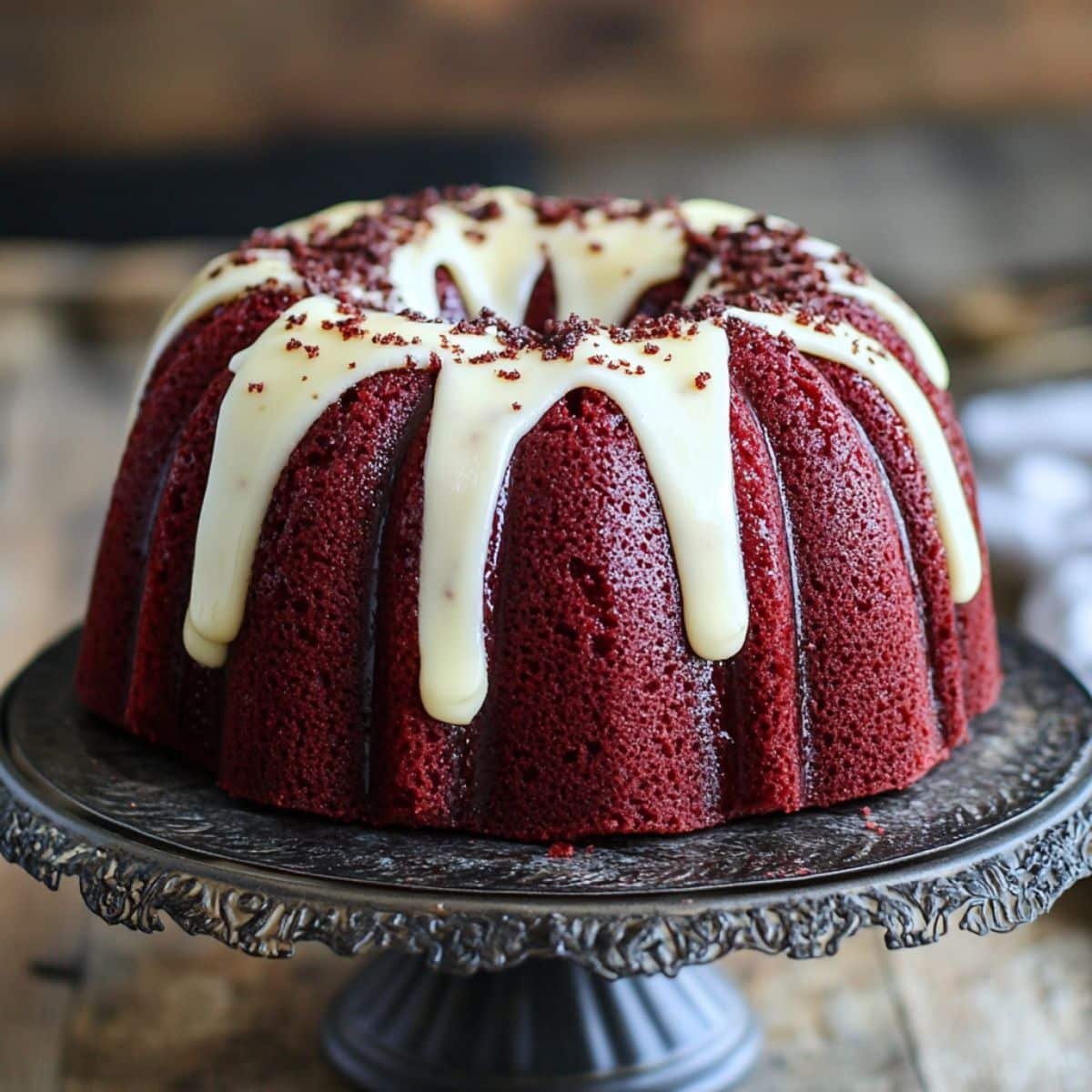 Red Velvet Cheesecake Bundt Cake with cream cheese glaze on a white stand	