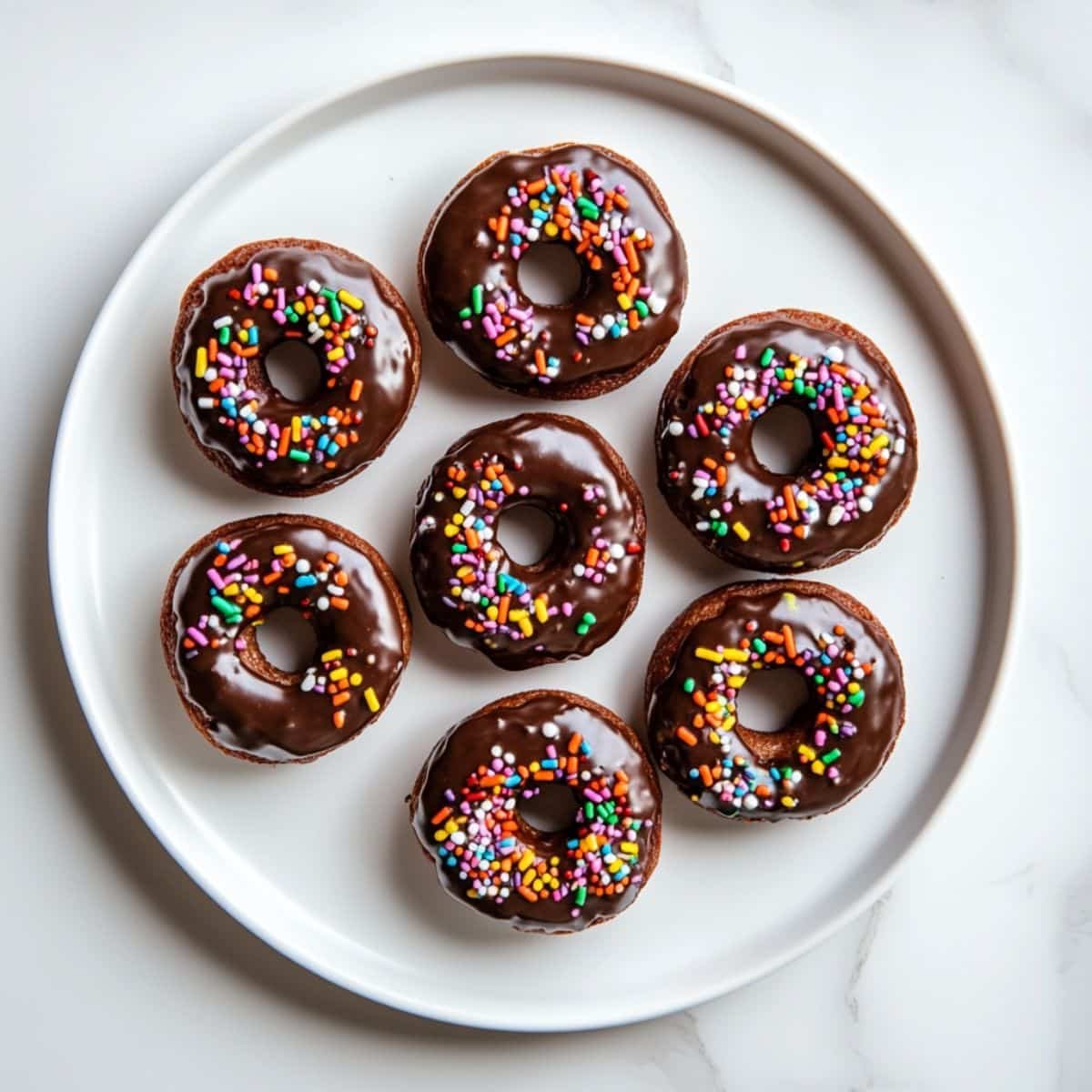 Homemade mini chocolate donuts with sprinkles cooling on a wire rack	