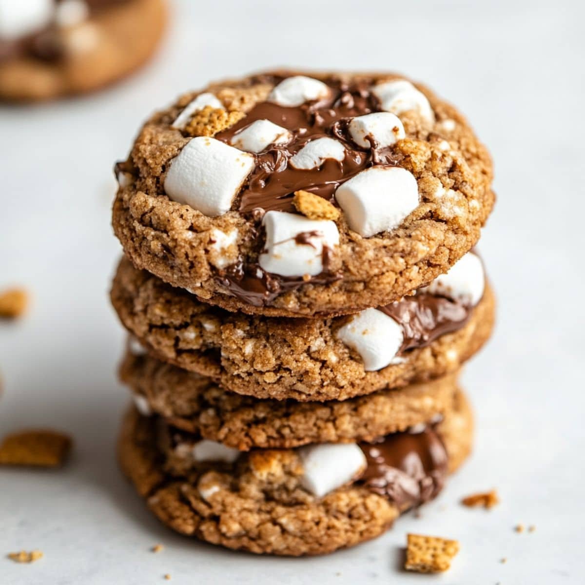 A stack of gooey homemade S'mores Cookies Recipe on a white kitchen counter.	