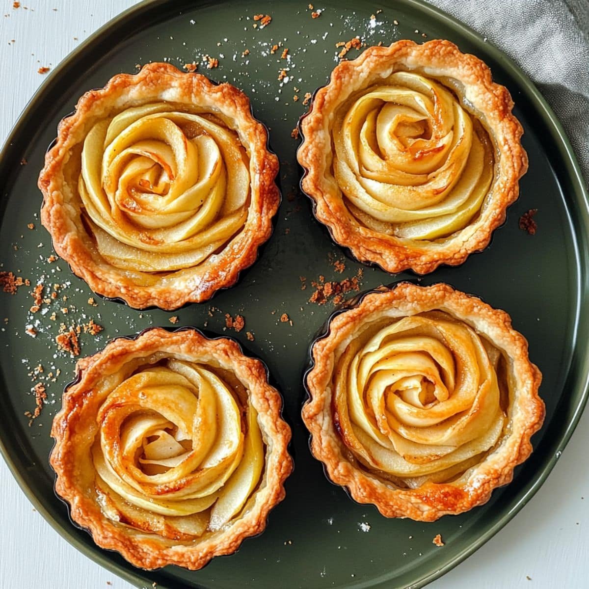 Two rustic Apple Tarts Recipe on green plates with coffee cups on a white kitchen counte