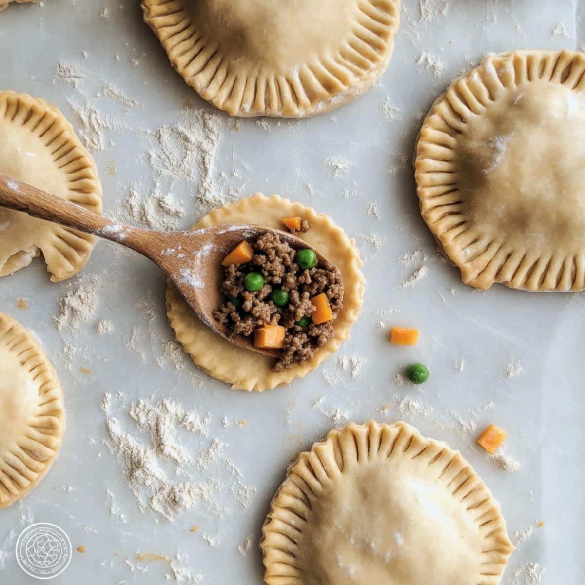Filling beef and pea mixture into dough circles and sealing empanadas by hand and with fork tines.