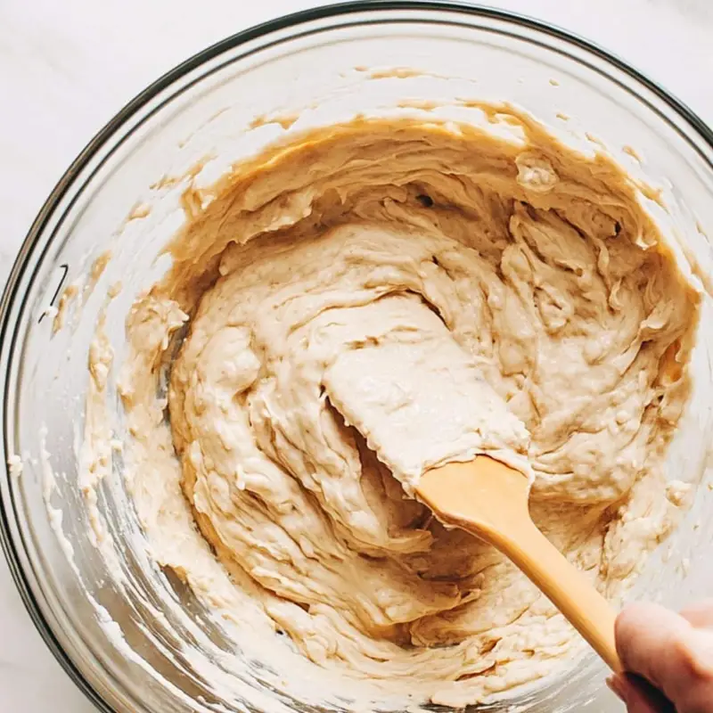 Mixing banana bread batter with spatula in glass bowl on white counter	