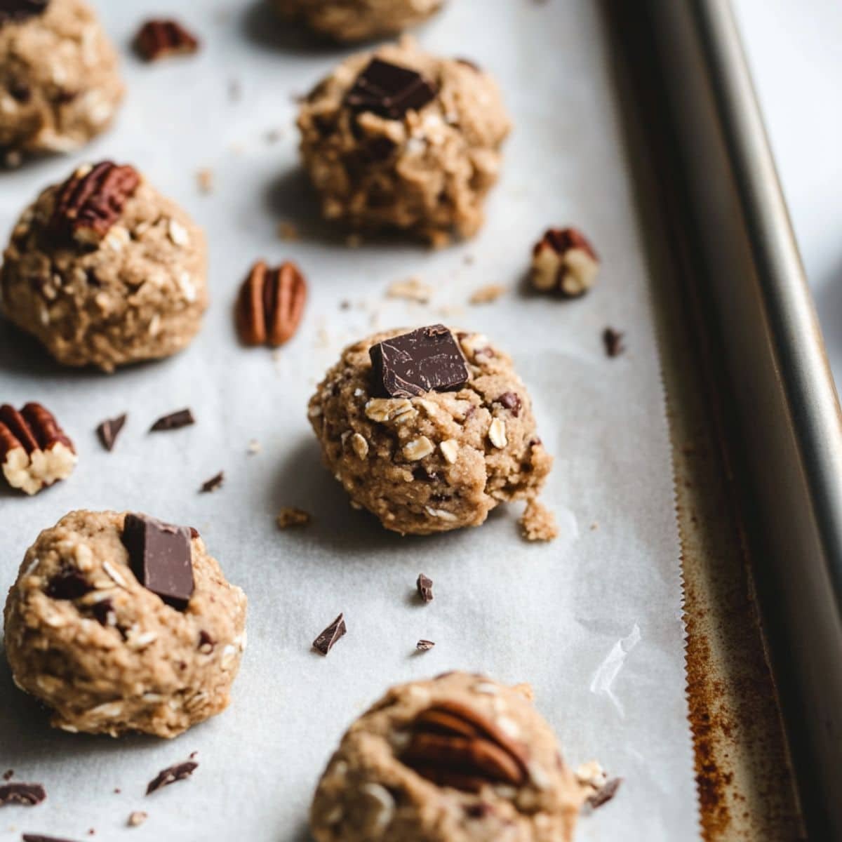 Scooping cookie dough onto a parchment-lined baking sheet	