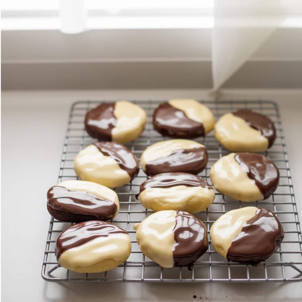 Finished black and white cookies fully glazed and served 