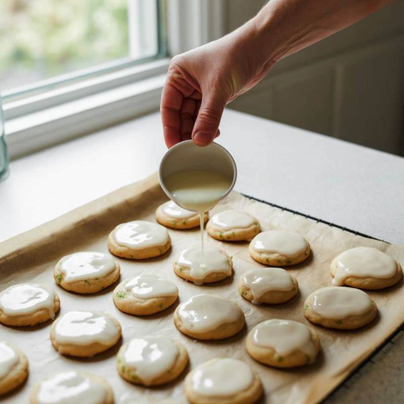 Homemade key lime cookies being glazed with a spoon on white counter	