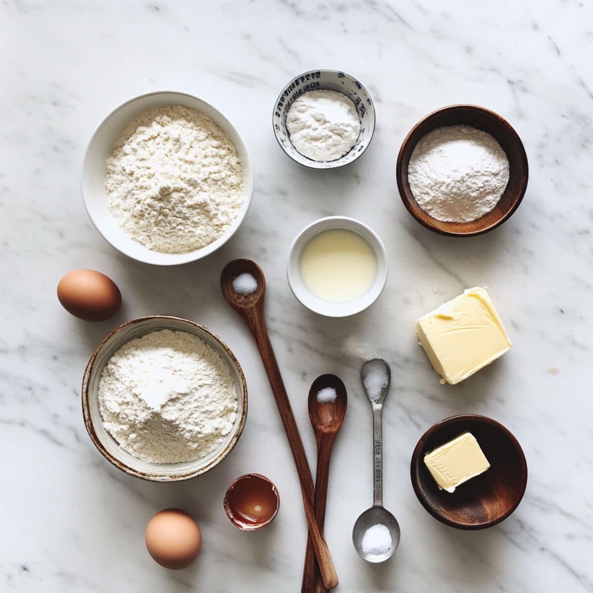 Ingredients for gluten free crepes recipe in bowls on a white countertop, shot from above.