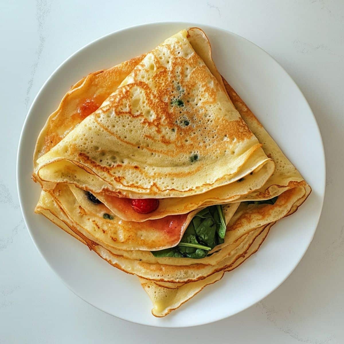 Stack of gluten free crepes folded and rolled with sweet and savory fillings on a white counter.
