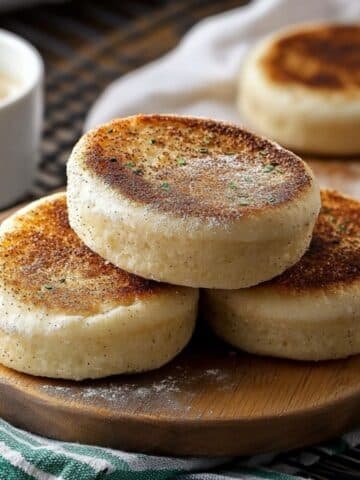 Homemade gluten-free English muffins on a white kitchen counter, showing texture and soft, rustic appearance