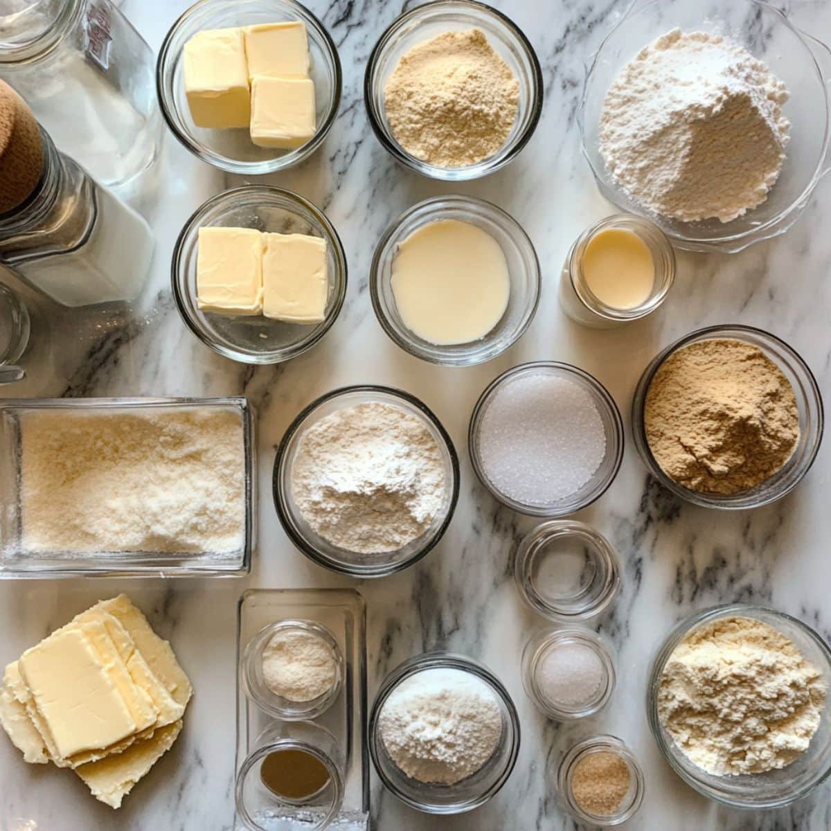 All homemade soft pretzel ingredients laid out on a white counter. Overhead view includes flour, yeast, baking soda, and butter.
