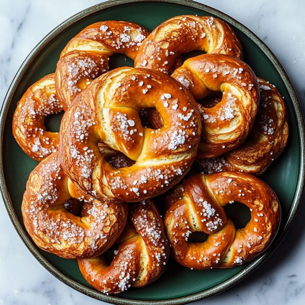 Golden-brown homemade soft pretzels with a chewy center on a green ceramic plate over a white kitchen counter